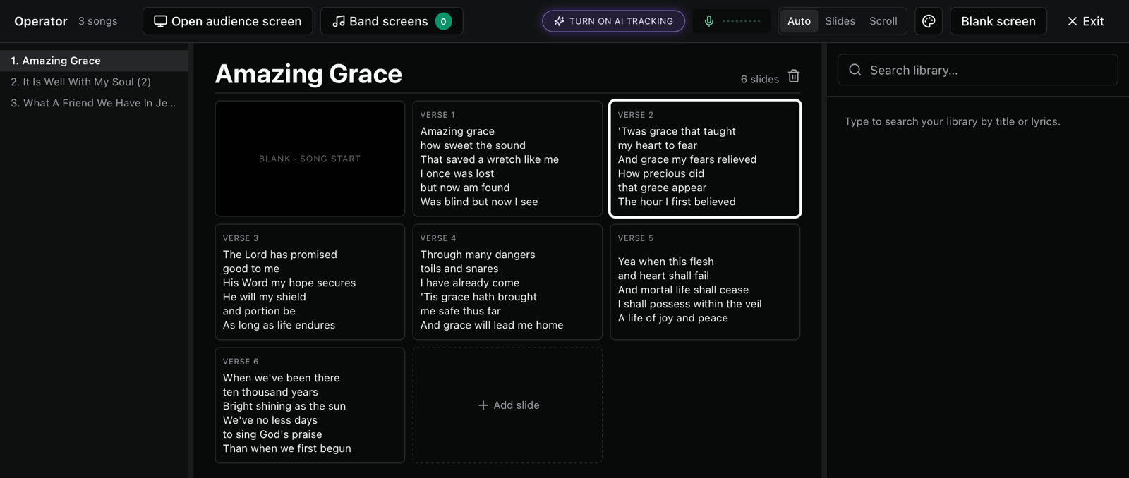 The operator view: the setlist on the left, every slide of Amazing Grace in a grid with verse 2 highlighted as live, and a library search on the right.